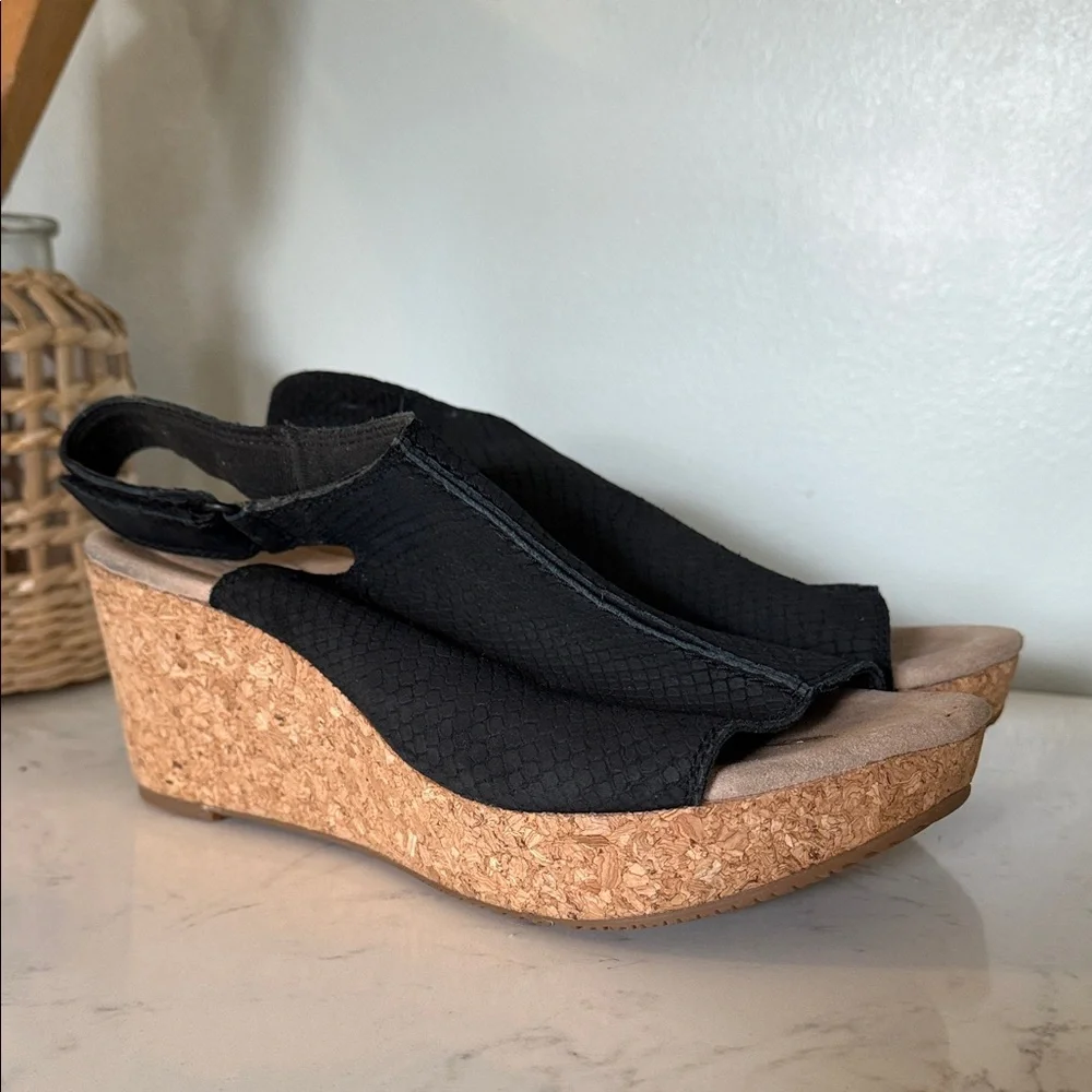 Clarks Black Wedges with Cork Heel